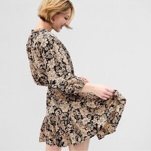 GAP Floral Ruffle Hem Self Tie Long Sleeve Mini Black and Cream Dress Size XXL